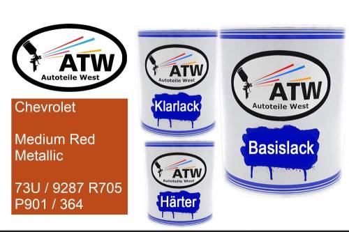 Chevrolet, Medium Red Metallic, 73U / 9287 R705 P901 / 364: 1L Lackdose + 1L Klarlack + 500ml Härter - Set, von ATW Autoteile West.
